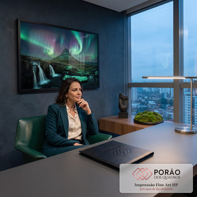 Quadro Decorativo Grande Paisagem Aurora para Sala Verde | quadros decorativos | montanha cônica sob aurora boreal verde e roxa com cachoeira em primeiro plano | em ambiente 2 | Porao dos Quadros