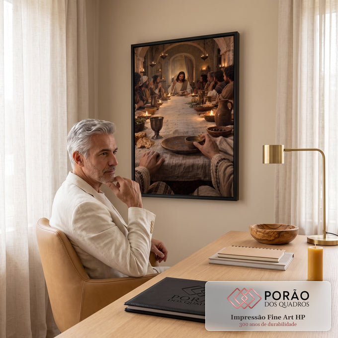Quadro Decorativo Grande Santa Ceia Vista da Mesa para Sala | quadros decorativos | cena da Última Ceia com Jesus e apóstolos à mesa iluminada por velas | em ambiente 2 | Porao dos Quadros