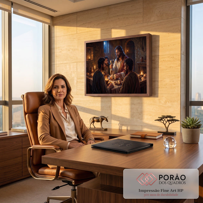 Quadro Decorativo Grande Última Ceia Pão para Sala Marrom | quadros decorativos | Última Ceia com Jesus segurando cálice e pão partido à luz de velas noturnas | em ambiente 2 | Porao dos Quadros
