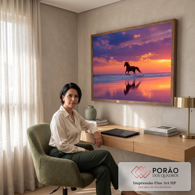 Quadro Decorativo Grande Cavalo Galopando Roxo para Sala | quadros decorativos | cavalo galopando na praia com reflexo na água sob céu roxo e laranja de pôr do sol | em ambiente 2 | Porao dos Quadros