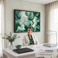 Quadro Decorativo Grande Ondas Abstratas para Sala Verde | quadros decorativos | pinceladas verdes e brancas formando ondas fluidas em pintura abstrata | em ambiente 2 | Porao dos Quadros