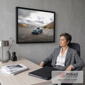 Quadro Decorativo Grande Carro Verde Petróleo para Sala | quadros decorativos | carro esportivo verde-petróleo em mirante com montanhas de outono ao fundo | em ambiente 2 | Porao dos Quadros