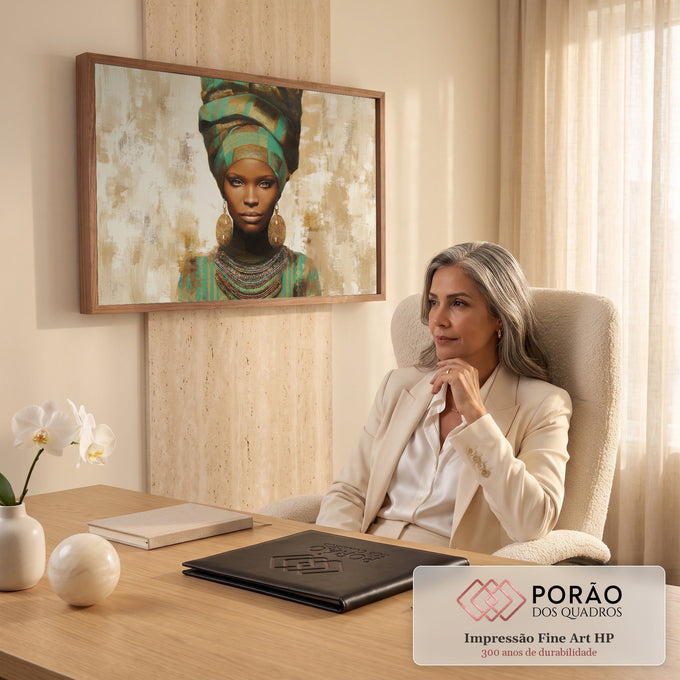 Quadro Decorativo Grande Mulher com Turbante para Sala Verde | quadros decorativos | retrato de mulher com turbante verde e dourado, brincos e colar de contas | em ambiente 2 | Porao dos Quadros