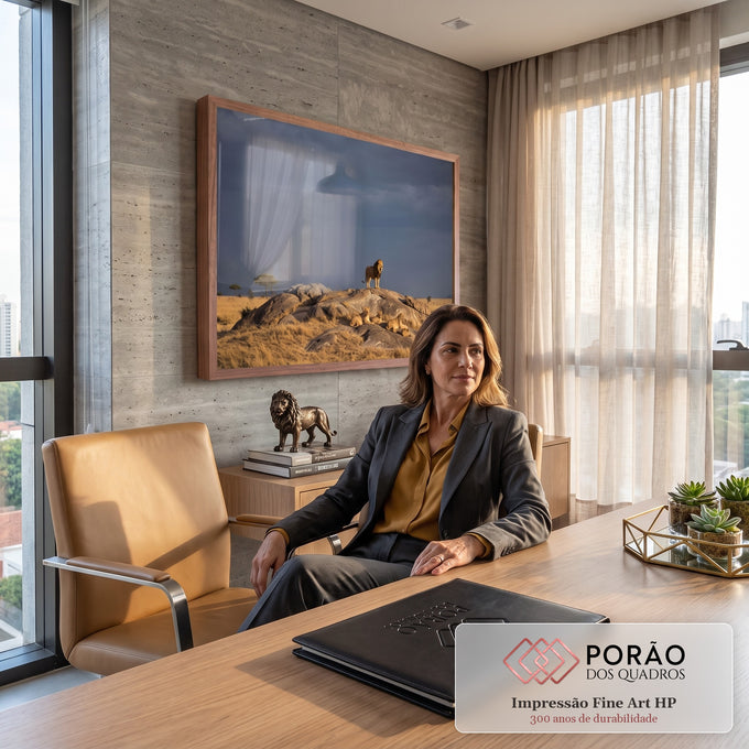 Quadro Decorativo Grande Leão em Pé para Sala Cinza | quadros decorativos | leão em pé sobre rocha com família de leões descansando sob céu tempestuoso | em ambiente 2 | Porao dos Quadros