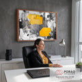 Quadro Decorativo Grande Abstrato e Preto para Sala Amarelo | quadros decorativos | pintura abstrata com blocos de amarelo sobre fundo preto e branco texturizado | em ambiente 2 | Porao dos Quadros