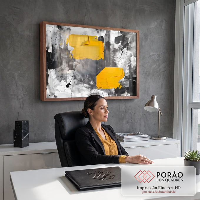 Quadro Decorativo Grande Abstrato e Preto para Sala Amarelo | quadros decorativos | pintura abstrata com blocos de amarelo sobre fundo preto e branco texturizado | em ambiente 2 | Porao dos Quadros