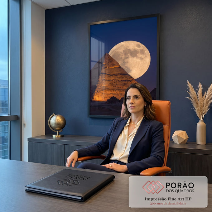 Quadro Decorativo Grande Pirâmide Iluminada para Sala Azul | quadros decorativos | pirâmide de Gizé iluminada em laranja com lua cheia enorme ao fundo em céu azul escuro | em ambiente 2 | Porao dos Quadros