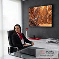 Cavalo tordilho entre paredes de cânion laranja com petróglifos antigos sob luz dourada, quadro decorativo