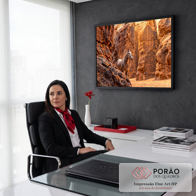 Cavalo tordilho entre paredes de cânion laranja com petróglifos antigos sob luz dourada, quadro decorativo