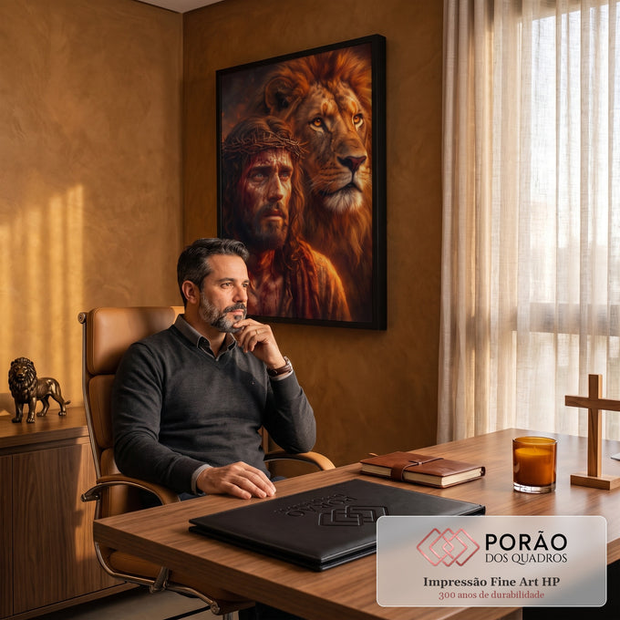 Quadro Decorativo Grande Jesus para Sala Dourado | quadros decorativos | retrato de Jesus com coroa de espinhos ao lado de leão dourado em tons de fogo | em ambiente 2 | Porao dos Quadros