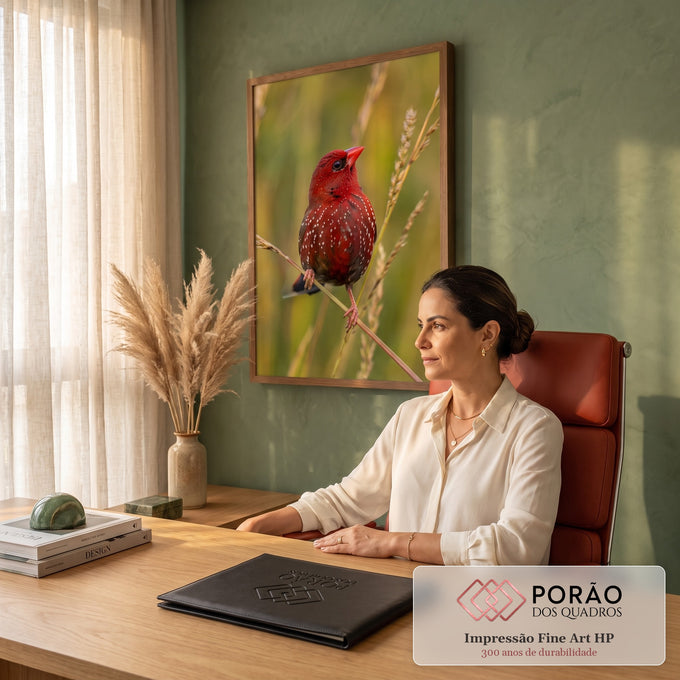 Pássaro vermelho com pintas brancas pousado em haste de capim sobre fundo verde desfocado, quadro decorativo
