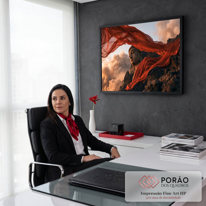 Quadro Decorativo Grande Buda de Pedra para Sala Vermelho | quadros decorativos | estátua de Buda em pedra com véu vermelho esvoaçante sobre montanhas e nuvens | em ambiente 2 | Porao dos Quadros