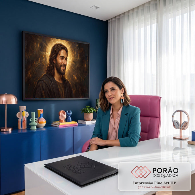 Quadro Decorativo Grande Jesus Auréola para Sala Dourado | quadros decorativos | retrato de Jesus Cristo sorrindo com halo dourado radiante sobre fundo escuro | em ambiente 2 | Porao dos Quadros