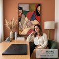 Quadro Decorativo Família com Bebê em Cores Fortes Estilo | quadros decorativos | homem, mulher de véu vermelho e bebê dormindo em pintura de cores fortes | em Quadros para Quarto | Porao dos Quadros