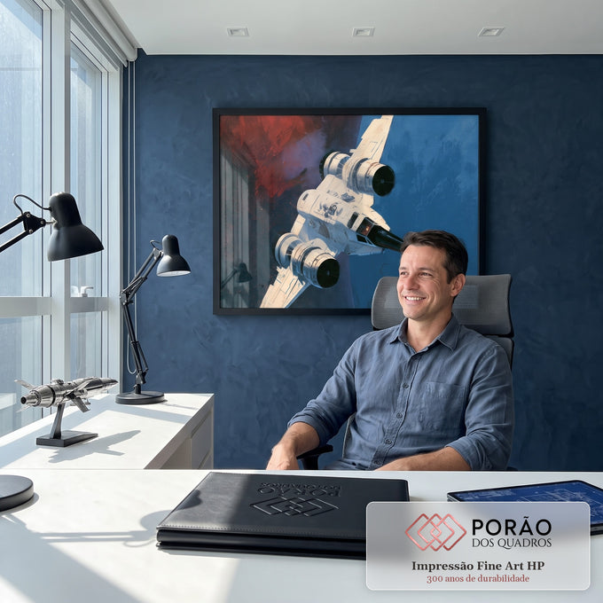 Quadro Decorativo Nave Espacial Branca entre Nebulosa | quadros decorativos | nave espacial branca com asas em delta cruzando nebulosa vermelha e céu azul | em Quadros para Escritorio | Porao dos Quadros
