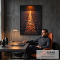 Fotografia de asfalto com faixa amarela iluminada por luz laranja ao entardecer, quadro decorativo