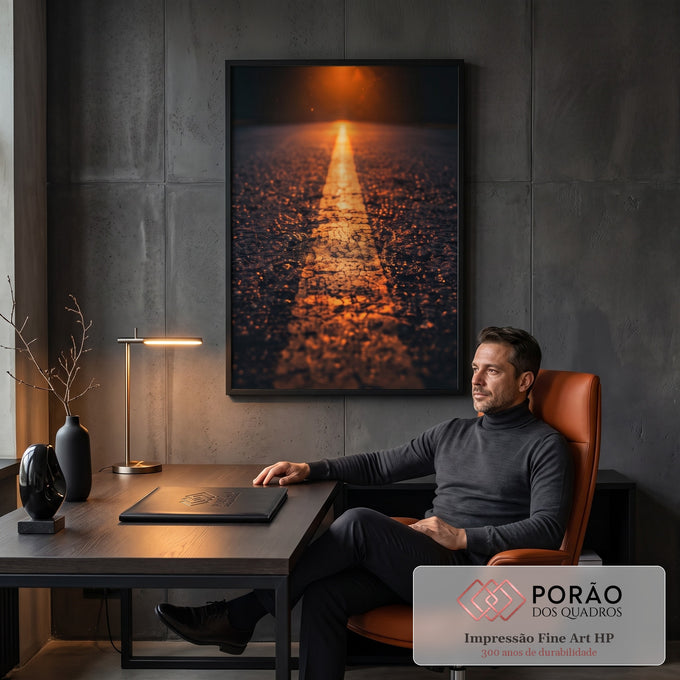 Fotografia de asfalto com faixa amarela iluminada por luz laranja ao entardecer, quadro decorativo