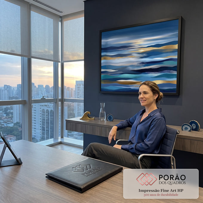 Abstrato de mar em camadas horizontais azuis, turquesa e douradas com brilho no horizonte, quadro decorativo