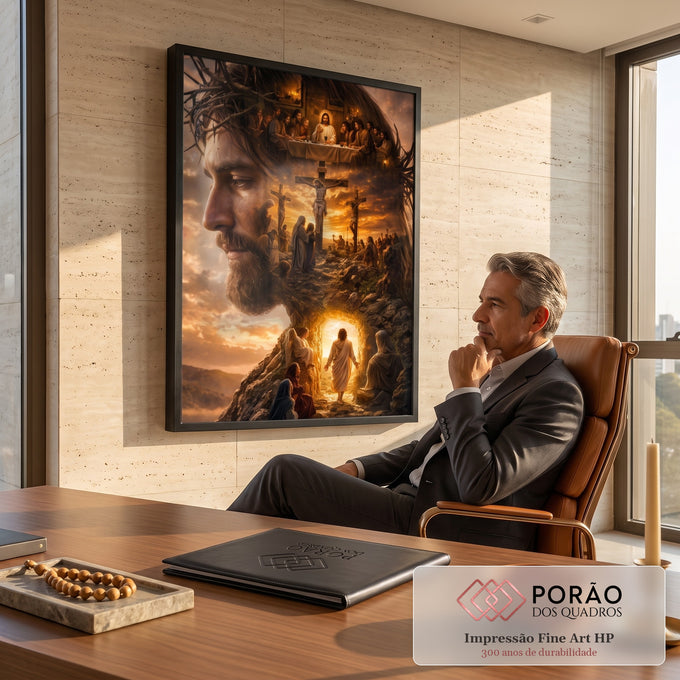 Quadro Decorativo Grande Jesus para Sala Laranja | quadros decorativos | rosto de Jesus com coroa de espinhos fundido a cenas da Última Ceia e Crucificação | em ambiente 2 | Porao dos Quadros