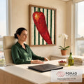 Quadro Decorativo Pimenta Vermelha em Mosaico com Fundo | quadros decorativos | pimenta vermelha em estilo mosaico sobre fundo listrado bege e verde escuro | em Quadros para Sala | Porao dos Quadros