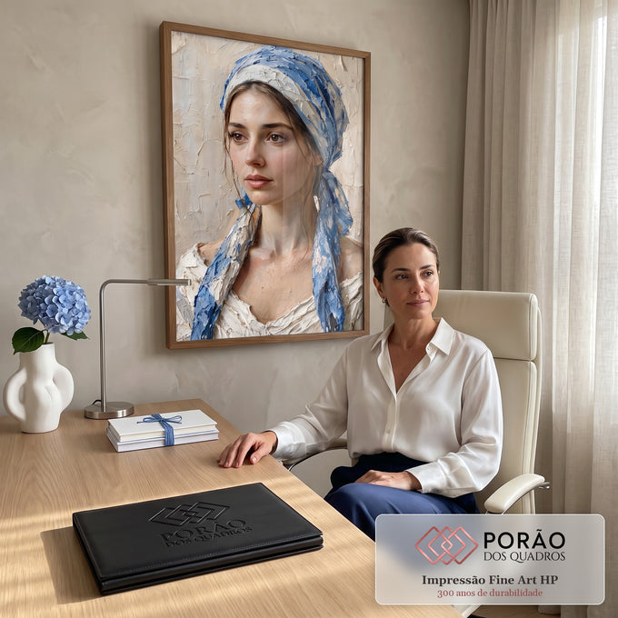 Retrato de mulher com lenço azul e branco em pintura a óleo com textura de espátula, quadro decorativo