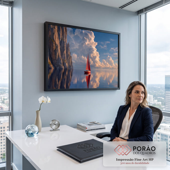Quadro Decorativo Grande Veleiro Vermelho para Sala Azul | quadros decorativos | veleiro de vela vermelha em água espelhada entre falésias e nuvem volumosa no céu azul | em ambiente 2 | Porao dos Quadros