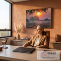 Quadro Decorativo Grande Impalas para Sala Laranja | quadros decorativos | dois impalas na savana africana ao pôr do sol com neblina e silhuetas de árvores | em ambiente 2 | Porao dos Quadros