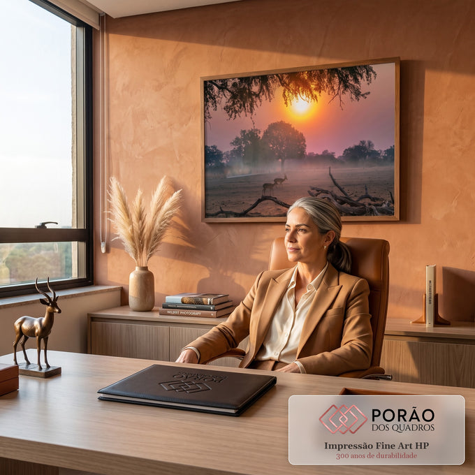 Quadro Decorativo Grande Impalas para Sala Laranja | quadros decorativos | dois impalas na savana africana ao pôr do sol com neblina e silhuetas de árvores | em ambiente 2 | Porao dos Quadros