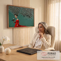 Quadro Decorativo Grande Mulher para Sala Vermelho | quadros decorativos | mulher de vestido vermelho com cabelo de dente-de-leão segurando um pássaro colorido | em ambiente 2 | Porao dos Quadros