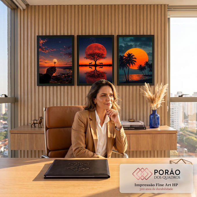 Quadro Decorativo Kit 3 Telas Lua Vermelha para Sala Laranja | quadros decorativos | tríptico com dente-de-leão, lua vermelha sobre árvore e coqueiros ao entardecer | em ambiente 2 | Porao dos Quadros