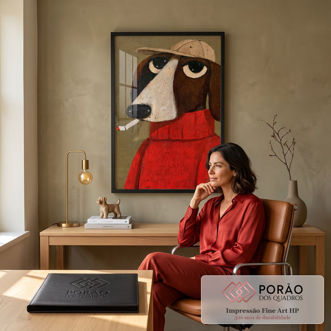 Quadro Decorativo Cachorro de Boné e Casaco Vermelho Fumando | quadros decorativos | cachorro ilustrado com boné bege e casaco vermelho fumando um cigarro | em Quadros para Escritorio | Porao dos Quadros