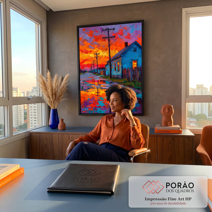 Rua molhada ao pôr do sol com casa azul, postes e céu laranja refletido na poça, quadro decorativo