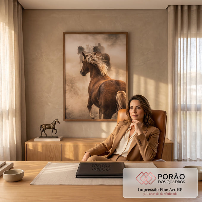 Cavalo castanho de crina loira galopando com a manada em meio à poeira, quadro decorativo