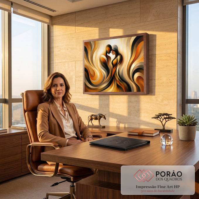Casal abstrato em perfil com as testas encostadas entre ondas douradas, pretas e terrosas, quadro decorativo
