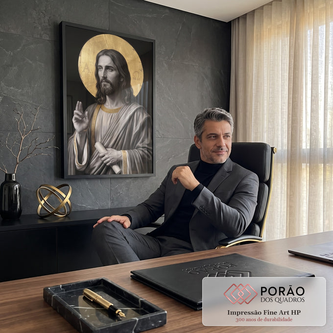 Quadro Decorativo Grande Jesus Auréola Dourada para Sala | quadros decorativos | retrato de Jesus Cristo em tons de cinza com auréola dourada e símbolos Alfa e Ômega | em ambiente 2 | Porao dos Quadros