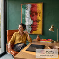 Perfil de mulher de olhos fechados em pó rachado vermelho, amarelo, verde e branco, quadro decorativo