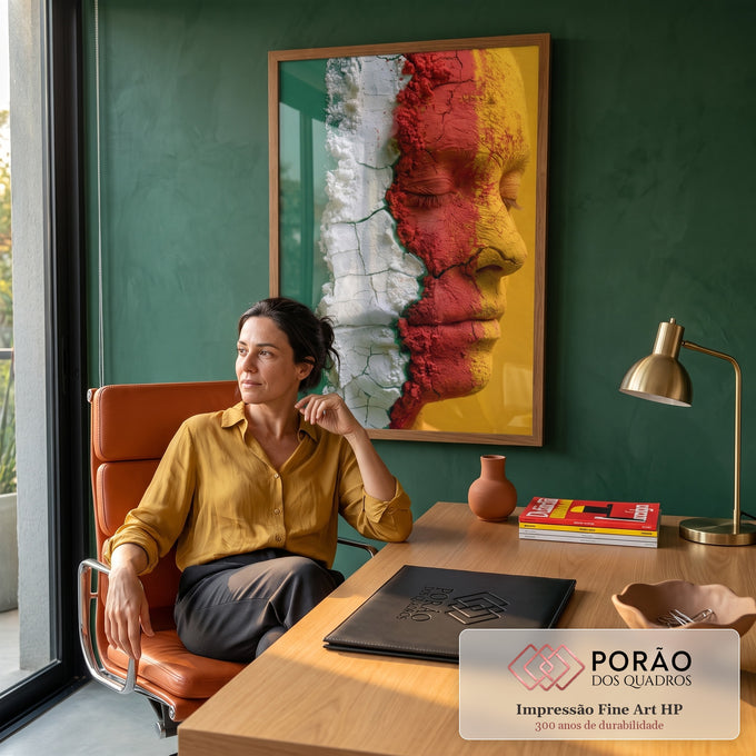 Perfil de mulher de olhos fechados em pó rachado vermelho, amarelo, verde e branco, quadro decorativo