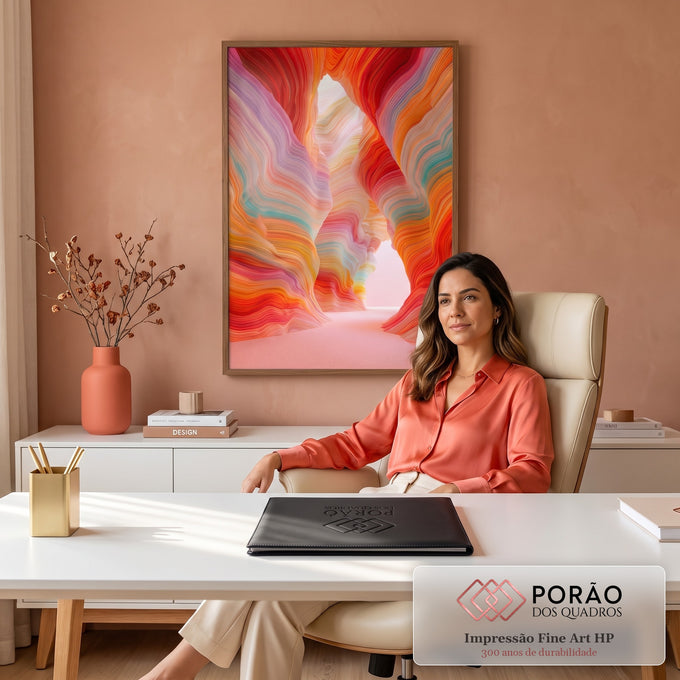 Cânion surreal em camadas onduladas vermelhas, laranja, rosa e turquesa com luz ao fundo, quadro decorativo