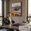 Porsche 911 clássico cinza rebaixado ao pôr do sol com grama seca e folhas amarelas, quadro decorativo