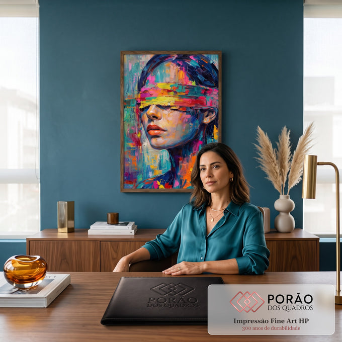 Quadro Decorativo Grande Mulher Vendada para Sala Azul | quadros decorativos | retrato de mulher com venda colorida em pintura texturizada de cores vibrantes | em ambiente 2 | Porao dos Quadros