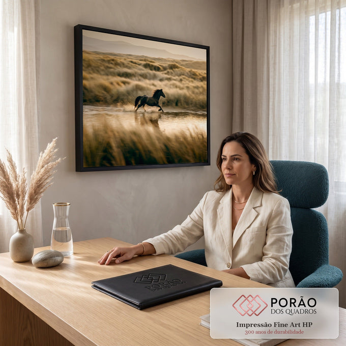 Quadro Decorativo Grande Cavalo Negro para Sala Marrom | quadros decorativos | cavalo negro galopando em água rasa com dunas douradas ao fundo | em ambiente 2 | Porao dos Quadros
