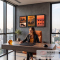 Quadro Decorativo Kit 3 Telas Safari ao Pôr do Sol para Sala | quadros decorativos | tríptico com zebra, elefantes e flamingos silhuetados ao pôr do sol dourado | em ambiente 2 | Porao dos Quadros