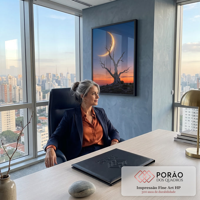 Árvore seca retorcida sob lua crescente dourada em céu azul e laranja do entardecer, quadro decorativo