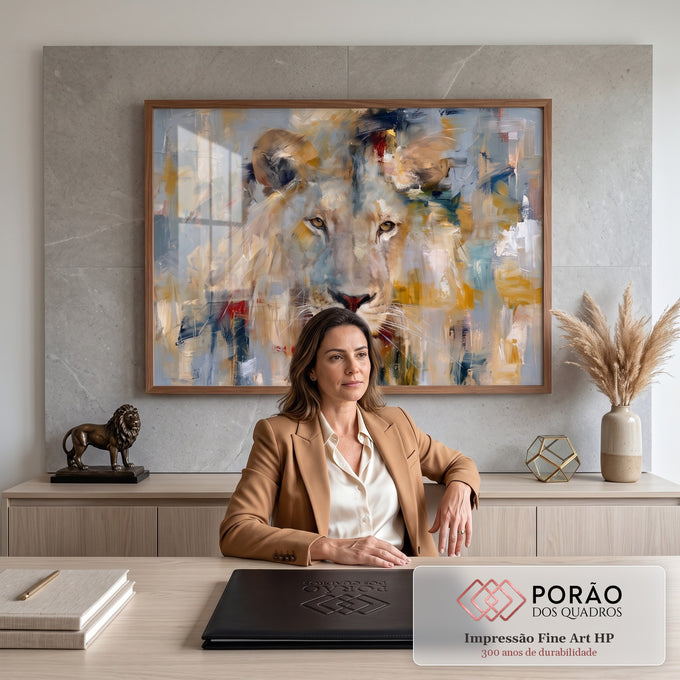 Quadro Decorativo Grande Leão Abstrato para Sala Cinza | quadros decorativos | rosto de leão abstrato em pinceladas de cinza, bege e dourado | em ambiente 2 | Porao dos Quadros