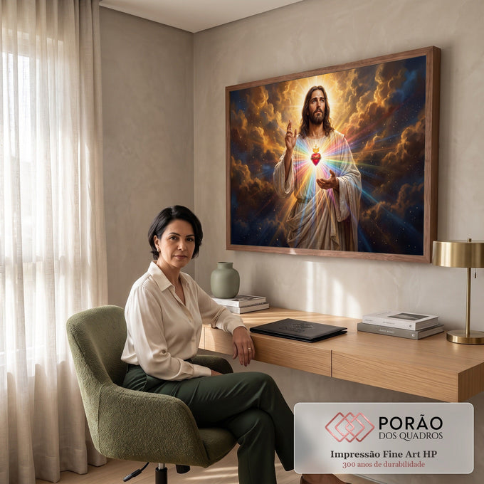 Jesus abençoando com o Sagrado Coração radiante, raios de luz e nuvens douradas, quadro decorativo