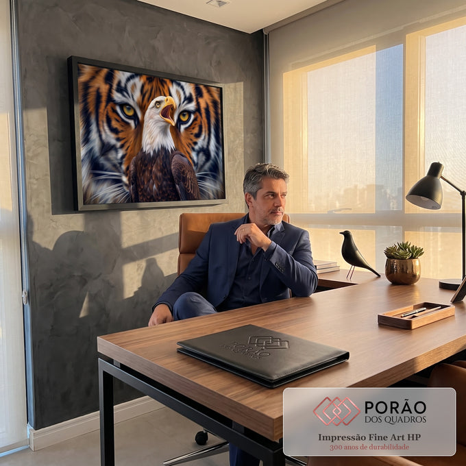 Águia-careca gritando à frente do rosto de um tigre de olhos âmbar, arte digital, quadro decorativo