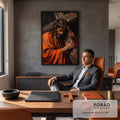 Quadro Decorativo Grande Jesus Cristo Laranja para Sala | quadros decorativos | Jesus Cristo carregando a cruz com coroa de espinhos e manto laranja rasgado | em ambiente 2 | Porao dos Quadros