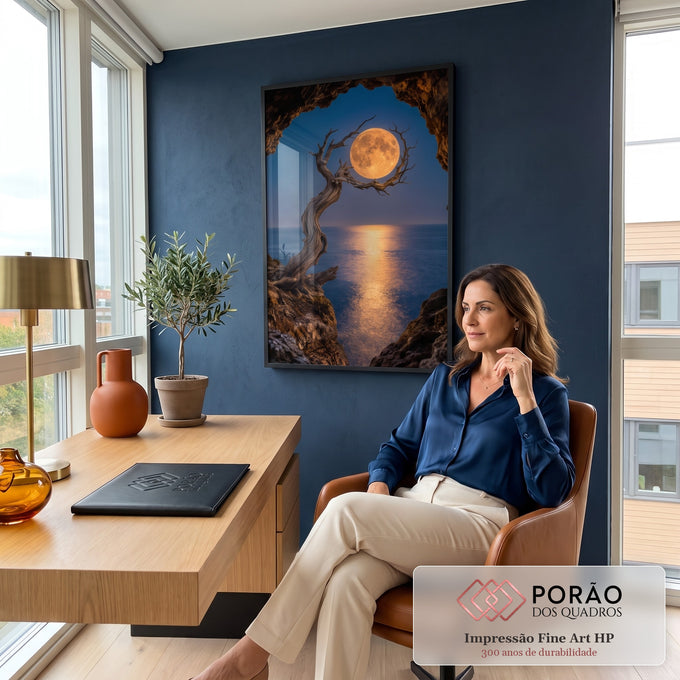 Lua cheia dourada refletida no mar noturno, vista de uma gruta com árvore retorcida, quadro decorativo