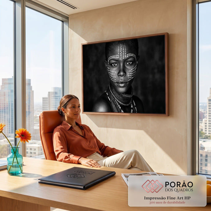 Retrato P&B de mulher africana com pintura facial de pontos brancos e colares, quadro decorativo