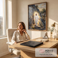 Quadro Decorativo Grande Jesus Ressuscitado para Sala Branco | quadros decorativos | Jesus Cristo saindo do túmulo com luz dourada e manto branco | em ambiente 2 | Porao dos Quadros